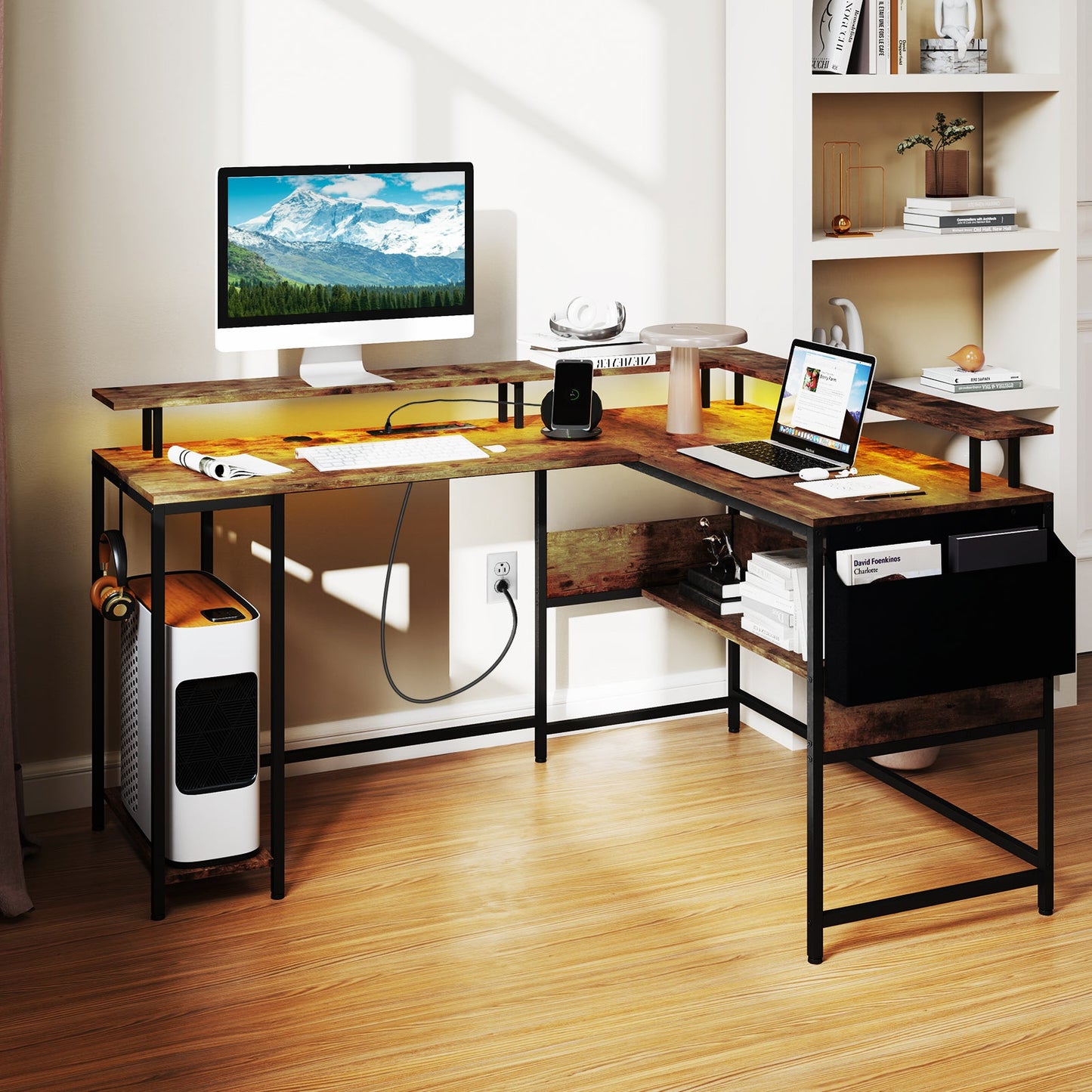 L-Shaped Gaming Desk with LED Lights and Power Outlets Home Office Computer Desk