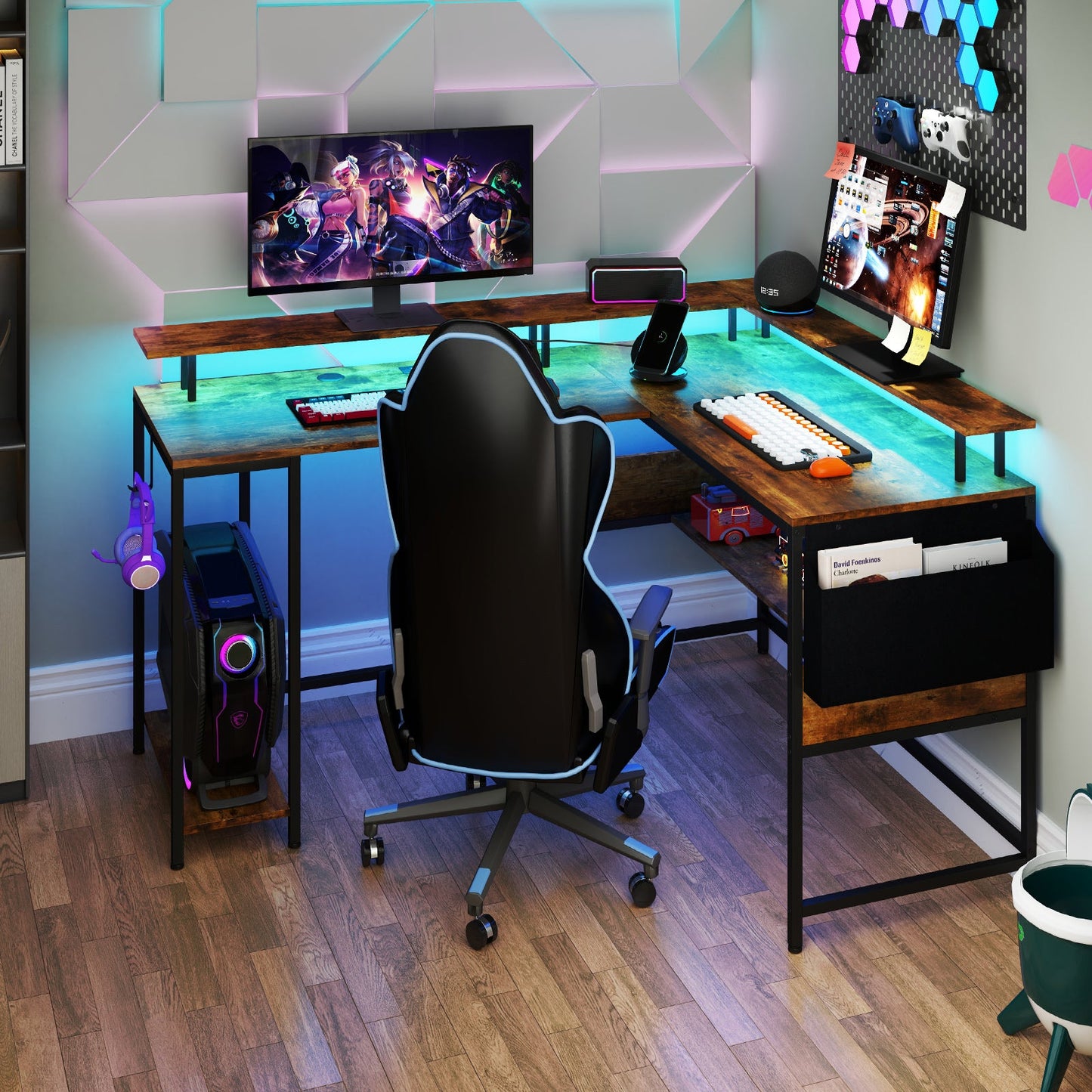 L-Shaped Gaming Desk with LED Lights and Power Outlets Home Office Computer Desk