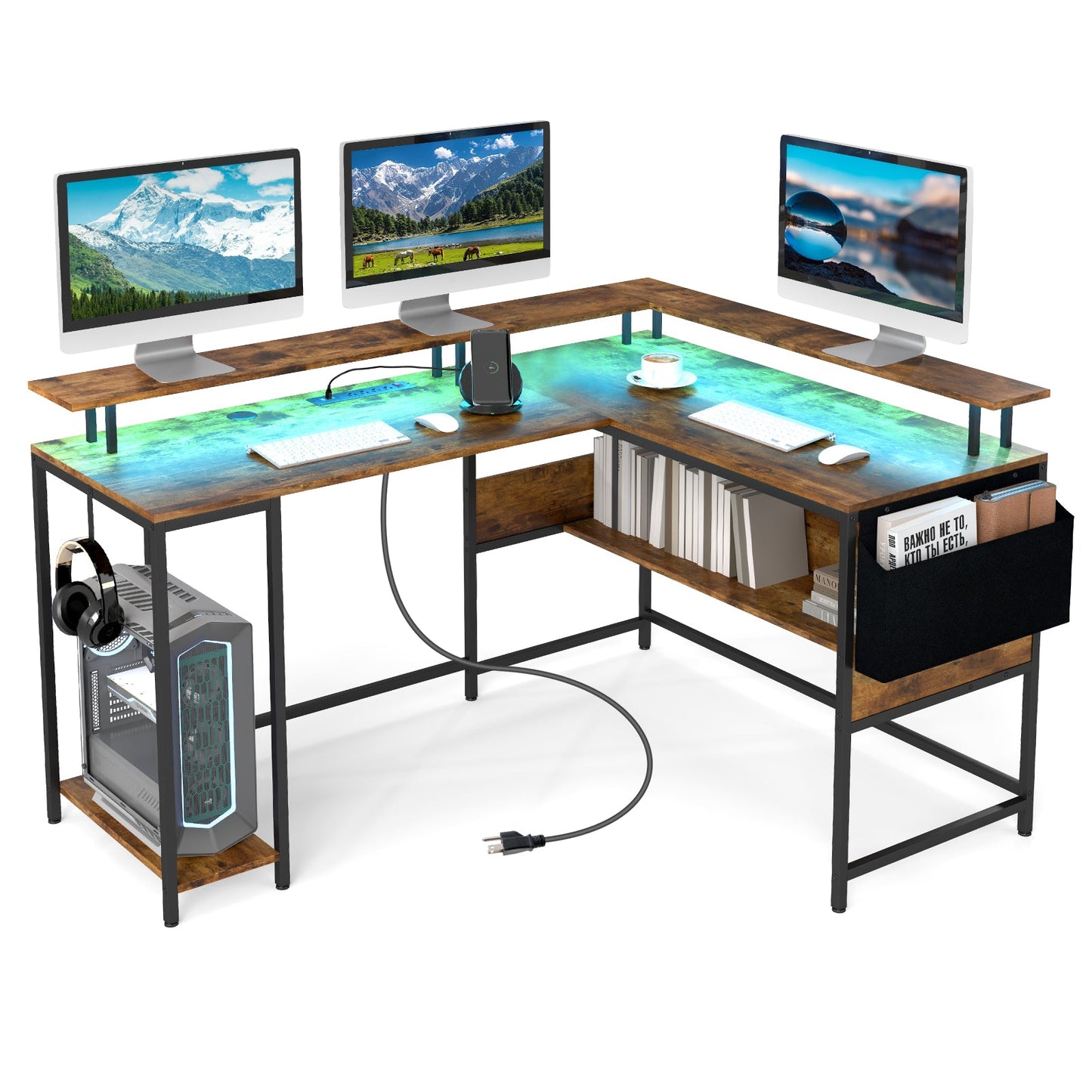 L-Shaped Gaming Desk with LED Lights and Power Outlets Home Office Computer Desk