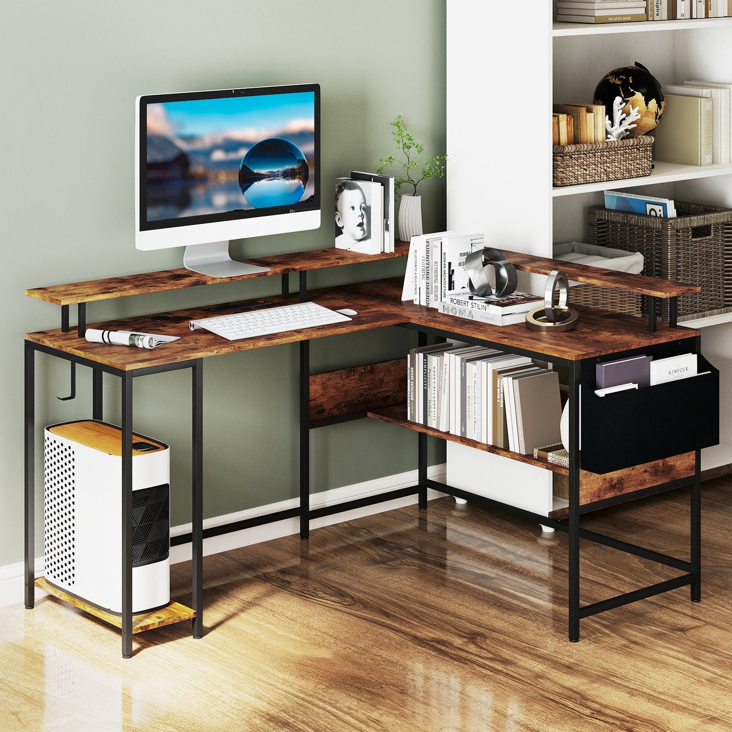 L-Shaped Gaming Desk with LED Lights and Power Outlets Home Office Computer Desk