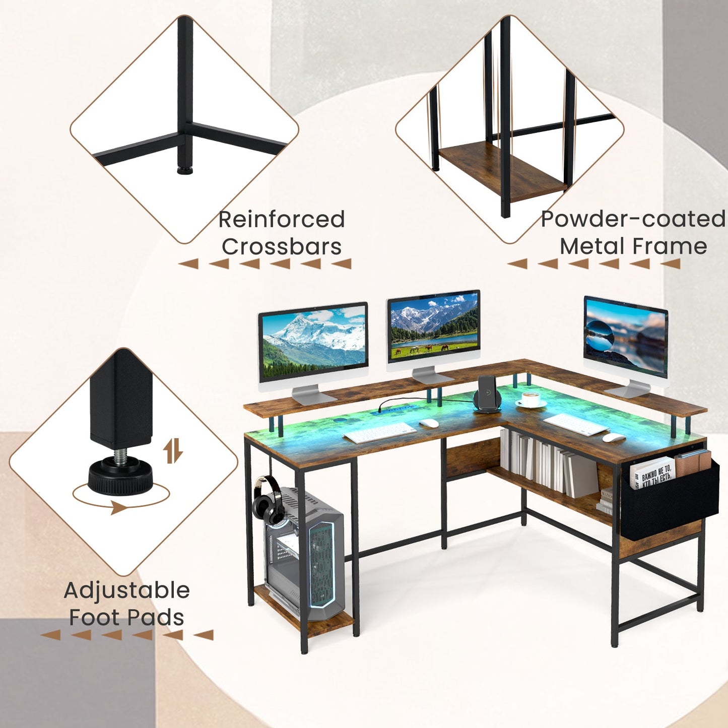 L-Shaped Gaming Desk with LED Lights and Power Outlets Home Office Computer Desk