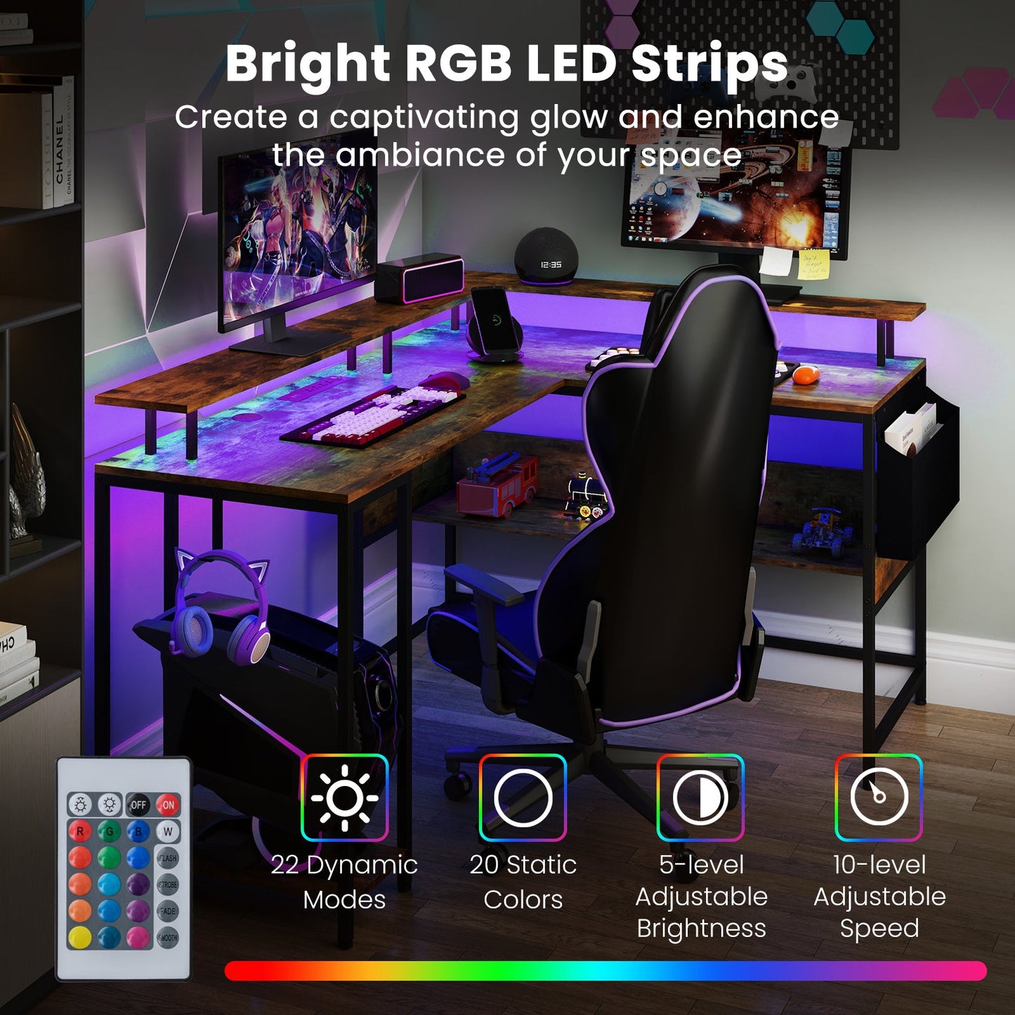 L-Shaped Gaming Desk with LED Lights and Power Outlets Home Office Computer Desk