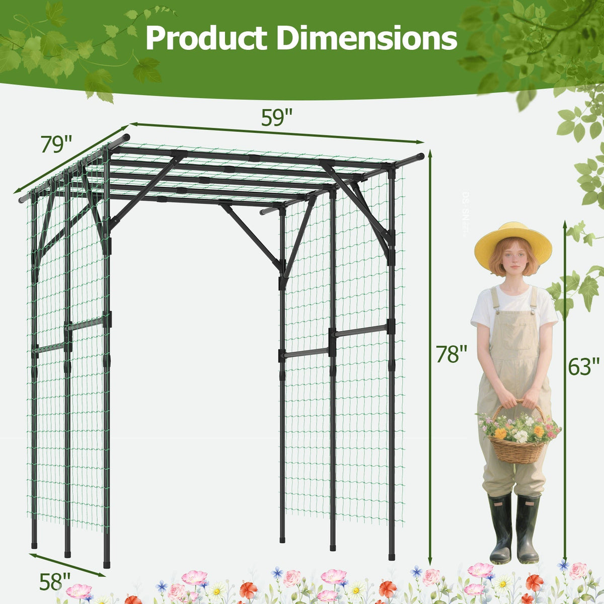 Large Garden Arch Trellis for Climbing Plants Outdoor Grape Vine Support-Black