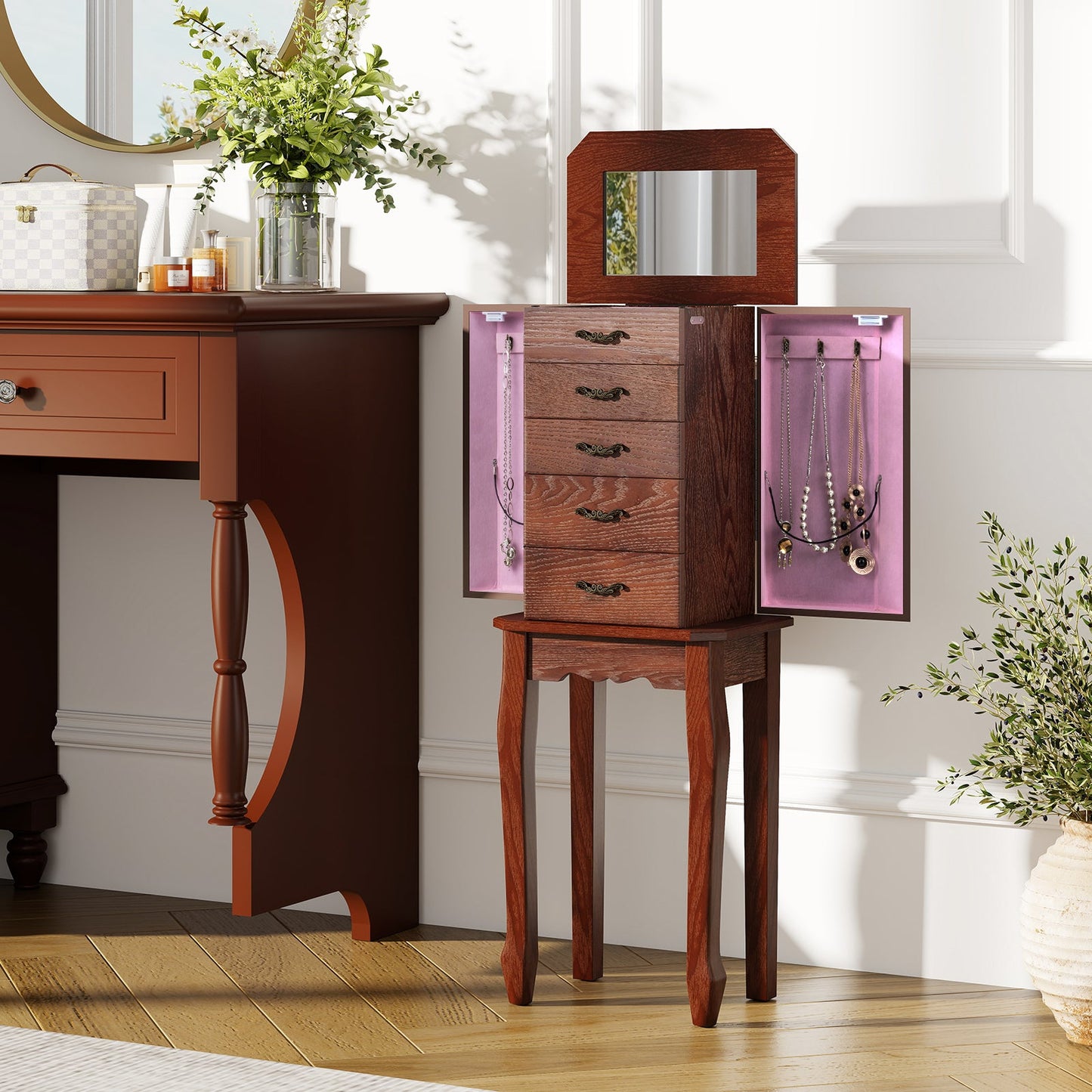Standing Jewelry Box with 4 Drawers and 2 Side Doors