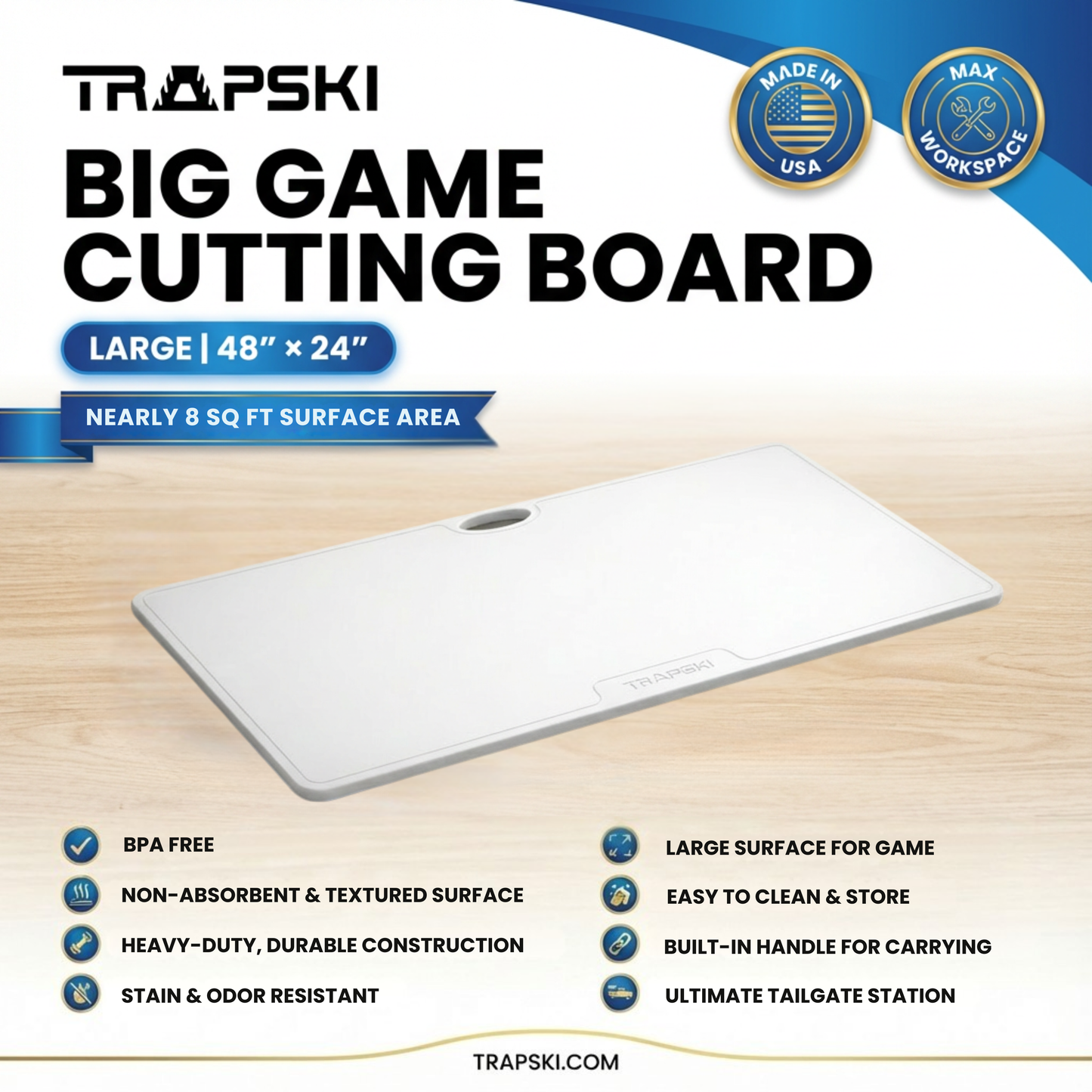Big Game Cutting Chopping Board 3/8 Inch Thick | Food-Grade HDPE Optional Non-Skid Rubber Feet, Wide Juice Groove | 32 or 48 in x 18 in or 24 in for Tailgates, Coolers and Tables | Easy Grip Handle