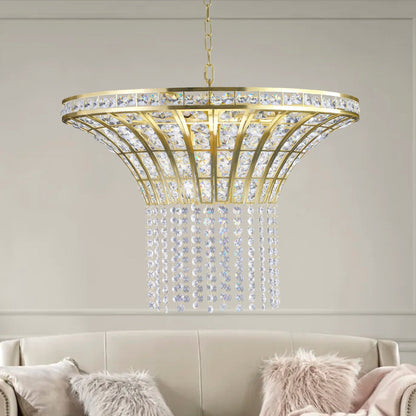 K9 Crystal Chandelier with Cascading Octagonal Beads | 8-Light Gold Modern Ceiling Light — Round 24" or Rectangular 39", Adjustable Height