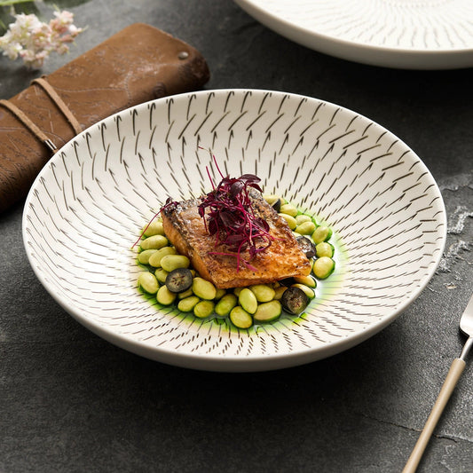 Luxury Japanese-Style Ceramic Dinner Plate – Modern Black Line Pattern