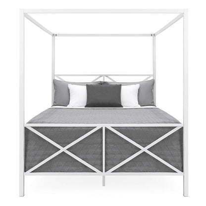 Queen size Modern Industrial Style White Metal Canopy Bed Frame