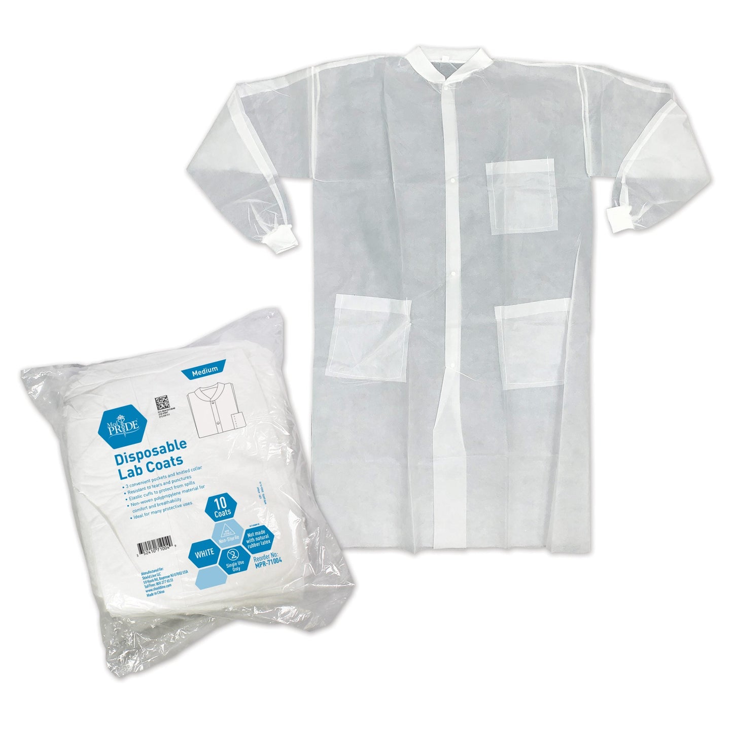 MedPride Lab Coat w/3 Pocket Knit Collar and Cuff - 10/Pack, Case of 3 (30 Count)