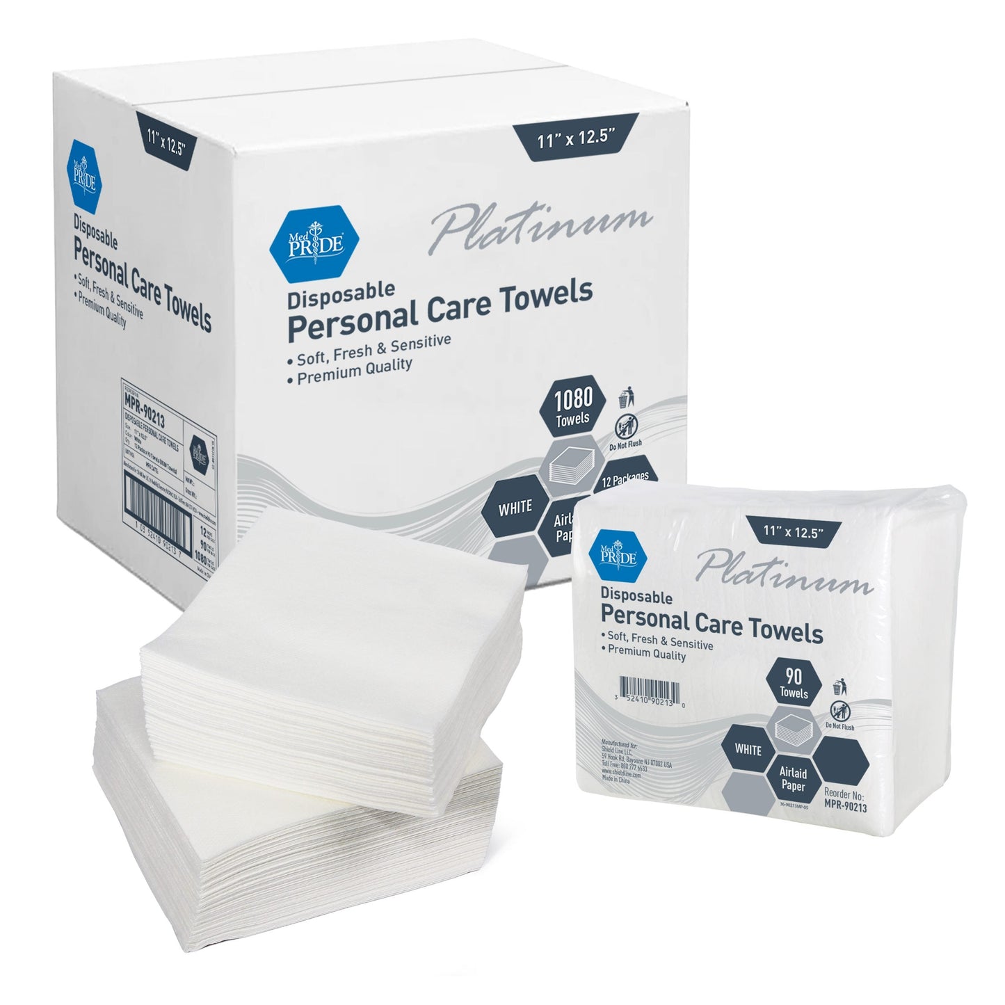 MedPride Platinum Personal Care Towels, White - 11" x 12.5" - 90/pack, Case of 12 (1080 Count)