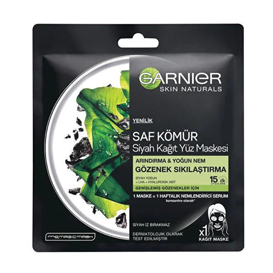Garnier Charcoal Face Mask with Black Algae Extract and Hyaluronic Acid for Pore Tightening - Moisturizing and Purifying Skincare