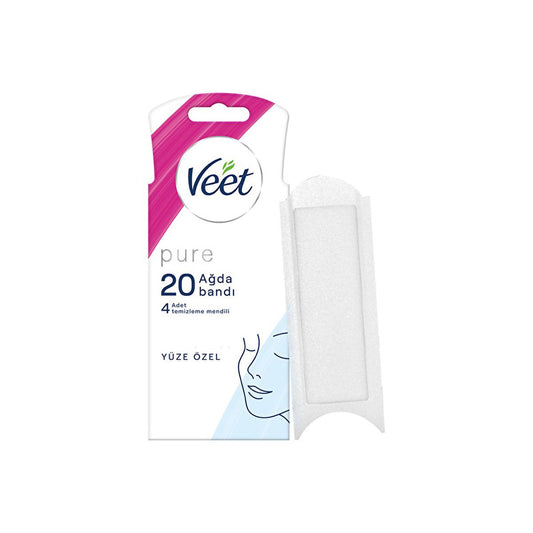 Veet Pure Facial Wax Strips for Sensitive Skin - Hypoallergenic Hair Removal for Face, Easy-Gelwax Technology, 20 Strips & 4 Wipes