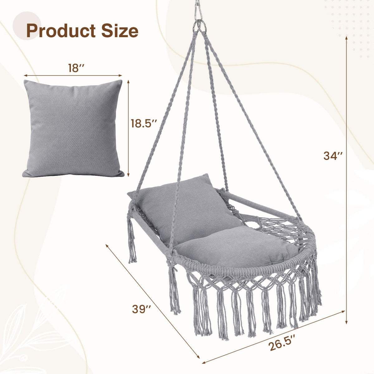 Macrame Swing Chair Hammock Chair with 2 Removable Cushions