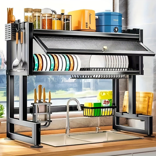 Over Sink Dish Drying Rack 1 Tier Kitchen Organizer Dustproof Storage Shelf