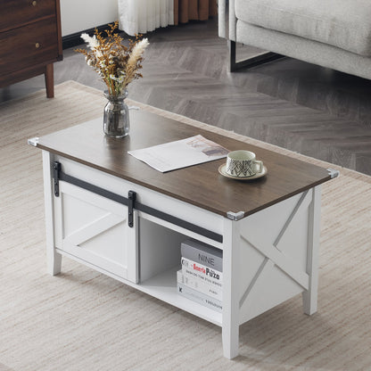 Lift Top Coffee Table 36" Farmhouse Rustic Wood Hidden Storage & Sliding Barn