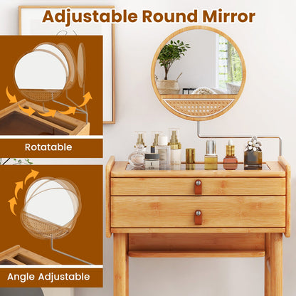 Bamboo Makeup Vanity Table with Mirror with 2 Storage Drawers-Natural