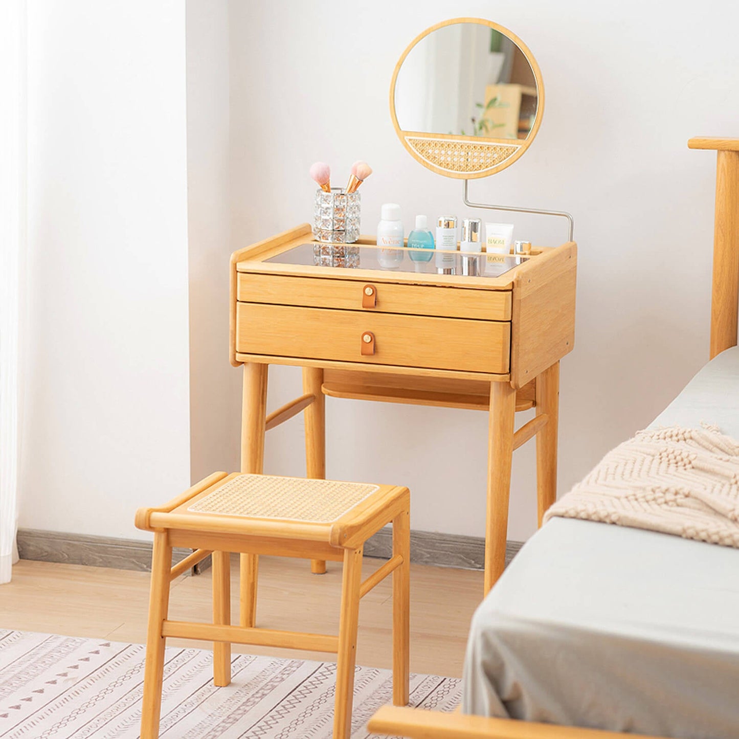 Bamboo Makeup Vanity Table with Stool and Rotating Mirror