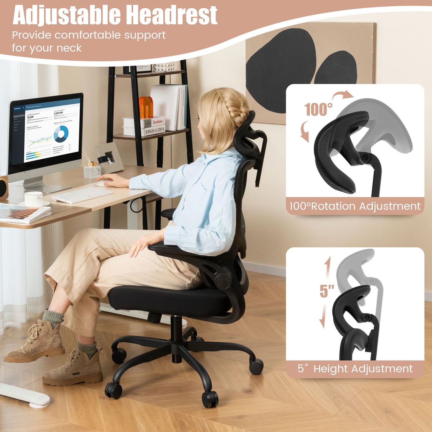 Mesh Office Chair with Adaptive Lumbar Support Flip-up Armrests Reclining Backrest-Black
