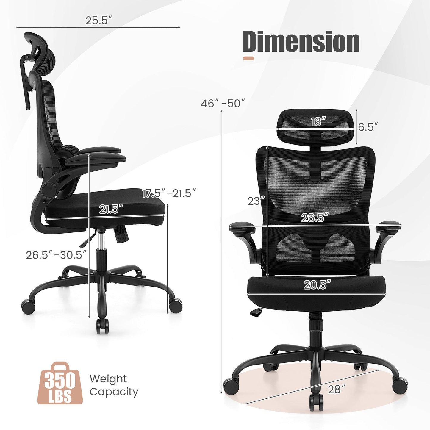 Mesh Office Chair with Adaptive Lumbar Support Flip-up Armrests Reclining Backrest-Black