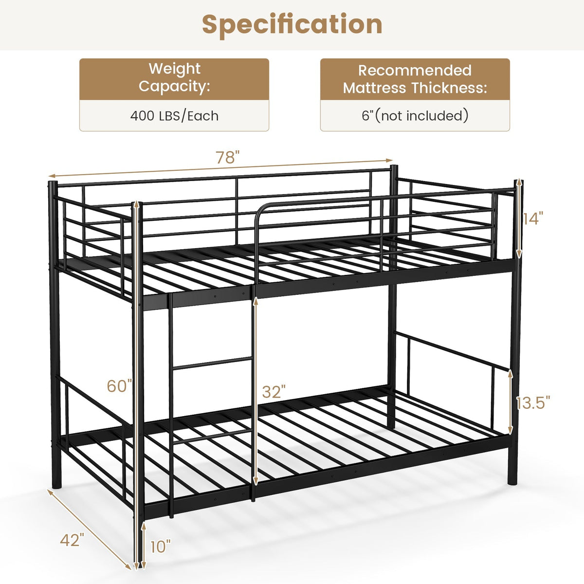 Metal Bunk Bed with Ladder and Full-length Guardrails