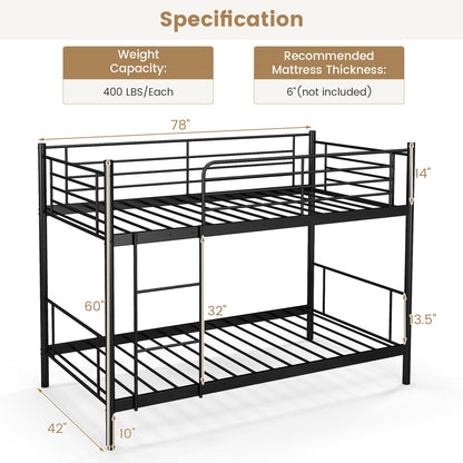 Metal Bunk Bed with Ladder and Full-length Guardrails