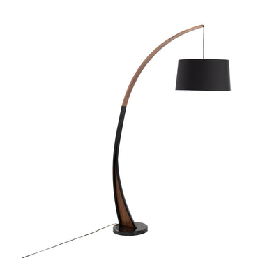 Mid-Century Modern Floor Lamp – Arched Walnut Wood Frame, Marble Base & Linen Drum Shade