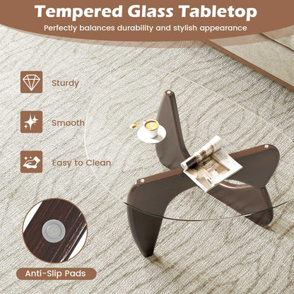 Triangle Coffee Table with Tempered Glass Top and Adjustable Rubber Wood Base