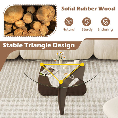 Triangle Coffee Table with Tempered Glass Top and Adjustable Rubber Wood Base
