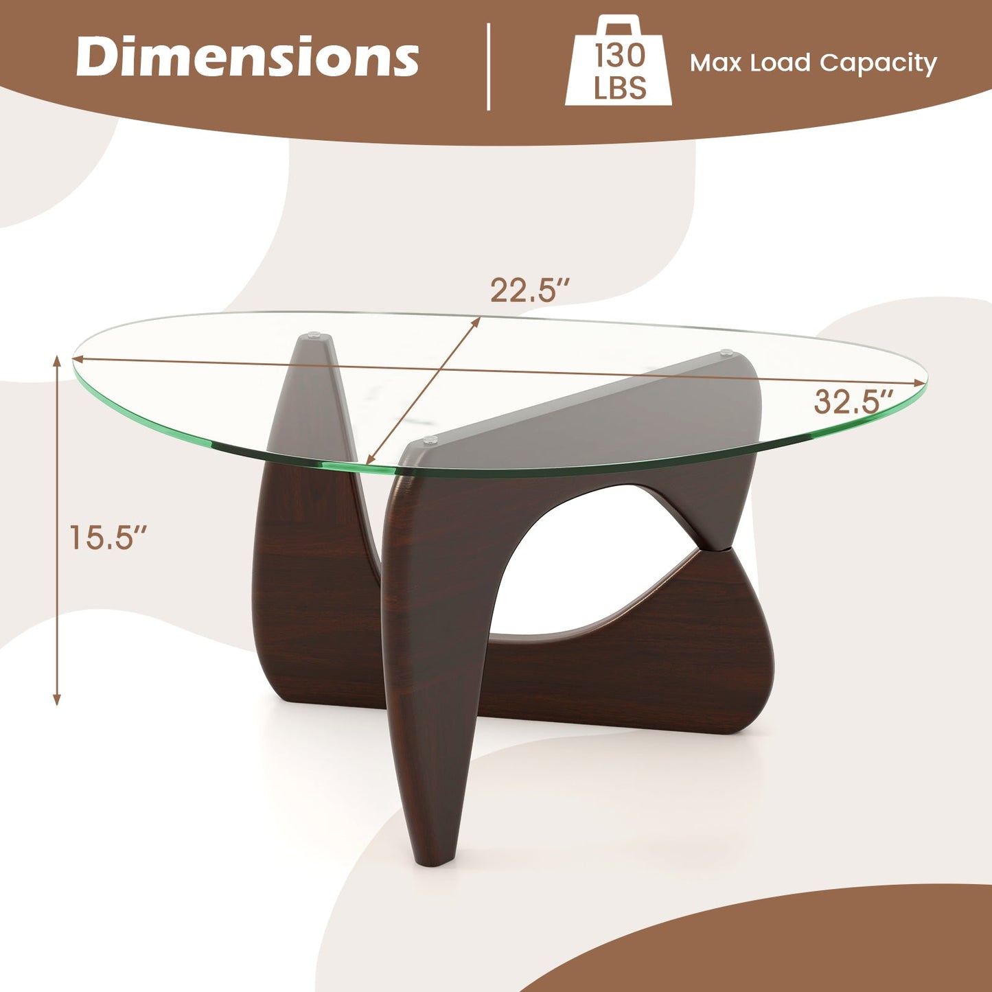 Triangle Coffee Table with Tempered Glass Top and Adjustable Rubber Wood Base