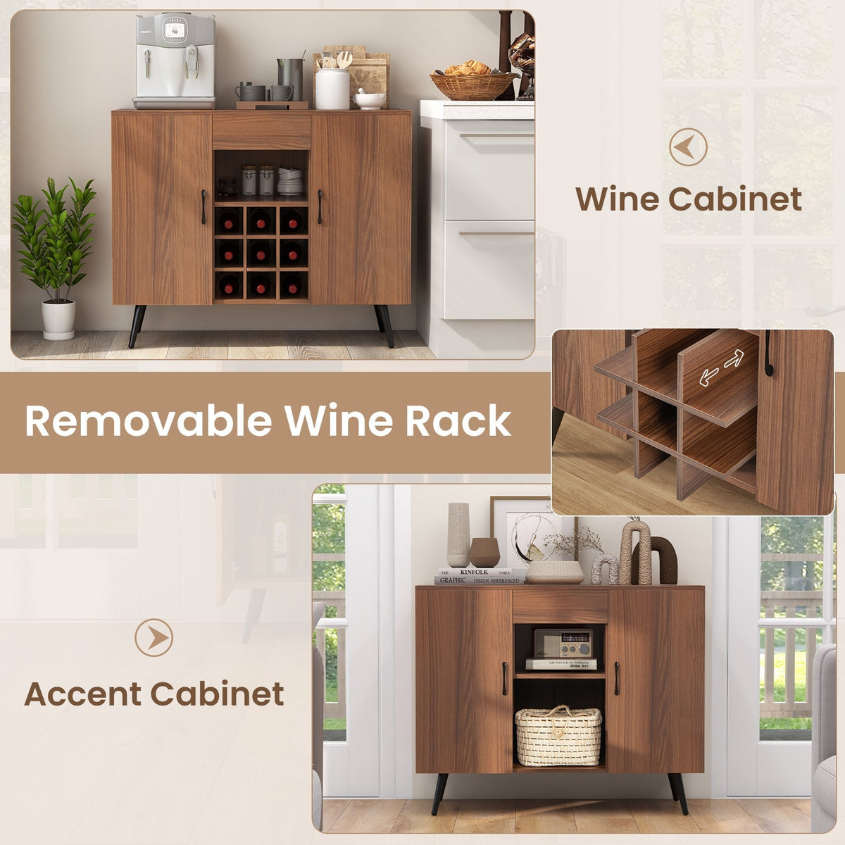 Mid-century Modern Buffet Sideboard Server Cabinet with 9-Bottle Wine Rack-Walnut