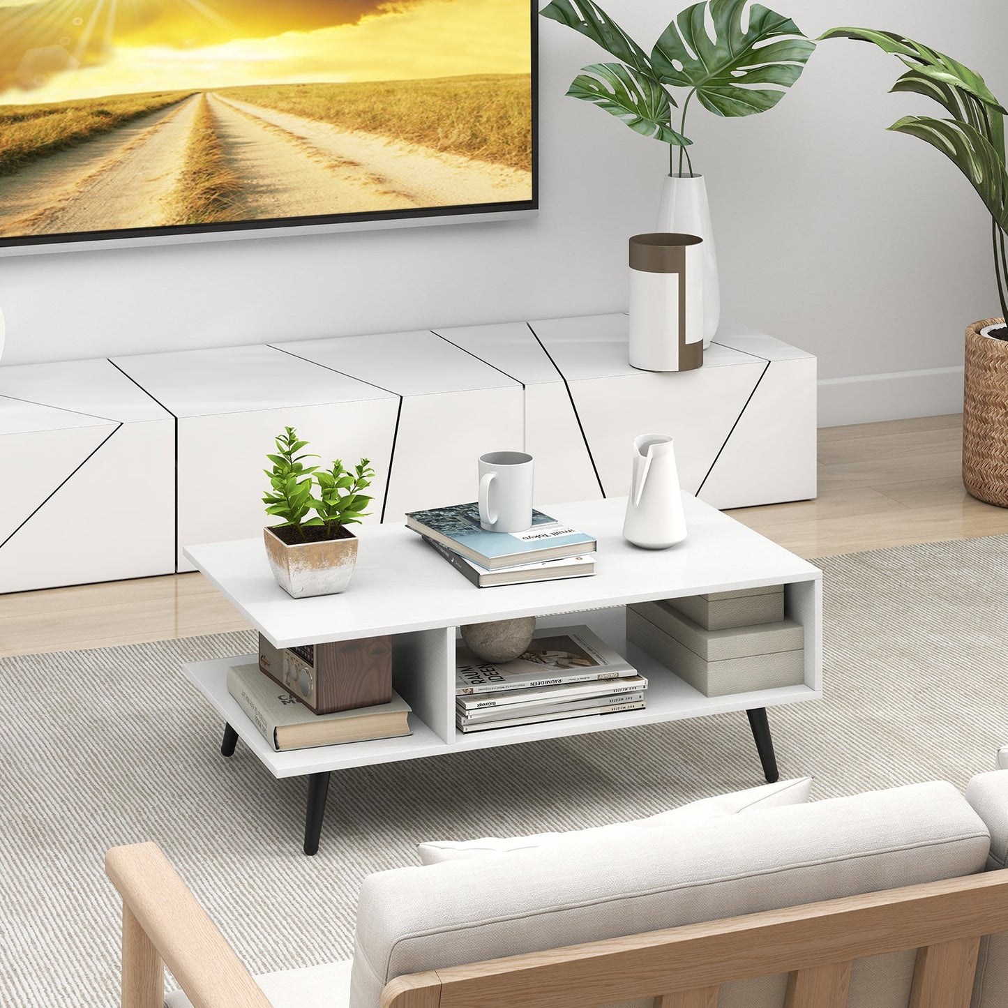 Mid Century Modern Rectangle Coffee Table 2-Tier Accent Table with 2 Open Compartments