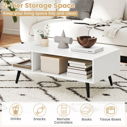 Mid Century Modern Rectangle Coffee Table 2-Tier Accent Table with 2 Open Compartments