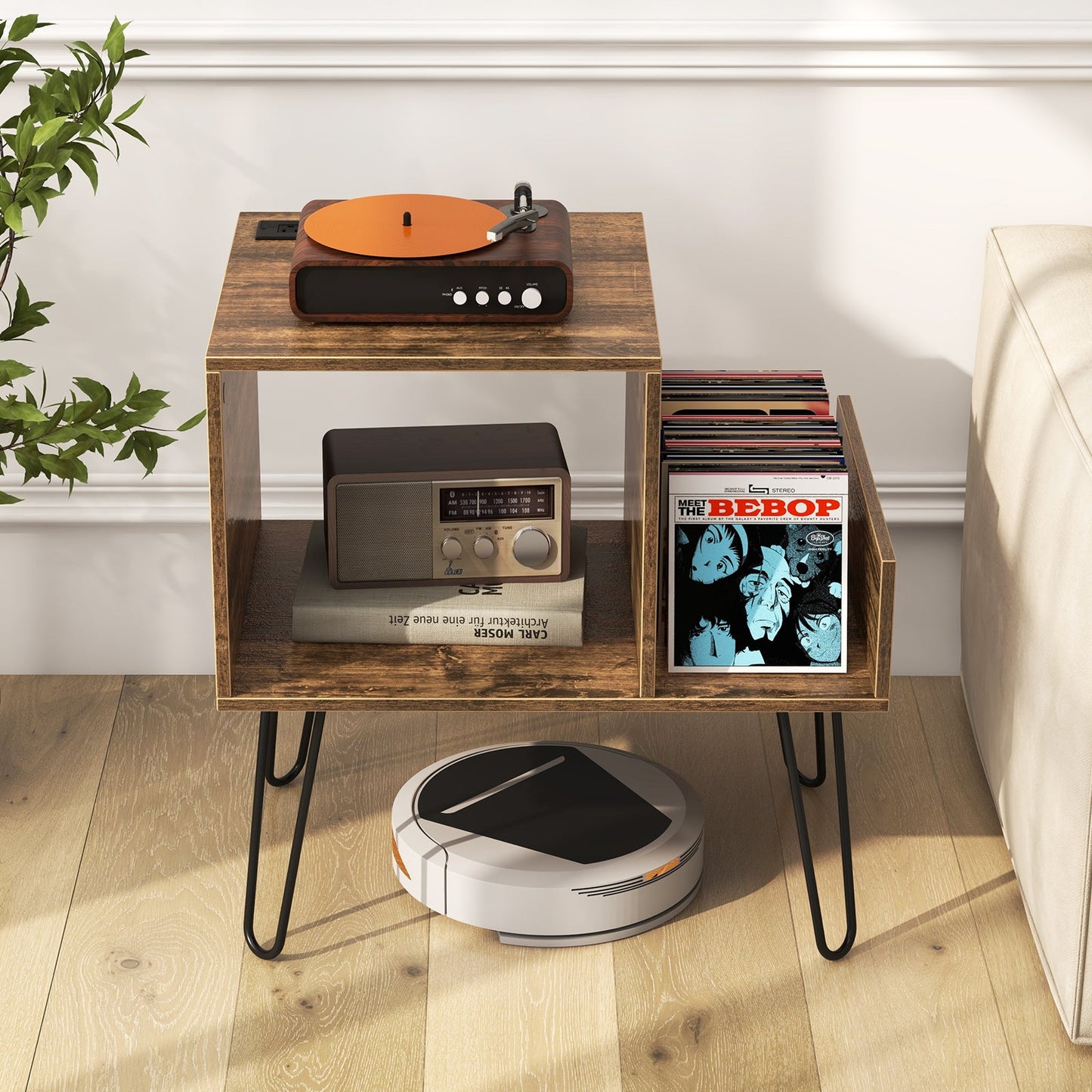 Mid-century Record Player Stand with Power Outlet and Vinyl Divider
