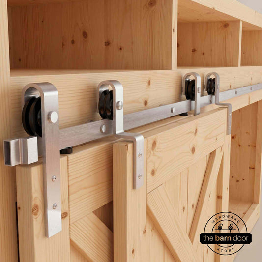 J-Strap Mini Bypass Cabinet Barn Door Hardware Kit | Brushed Nickel