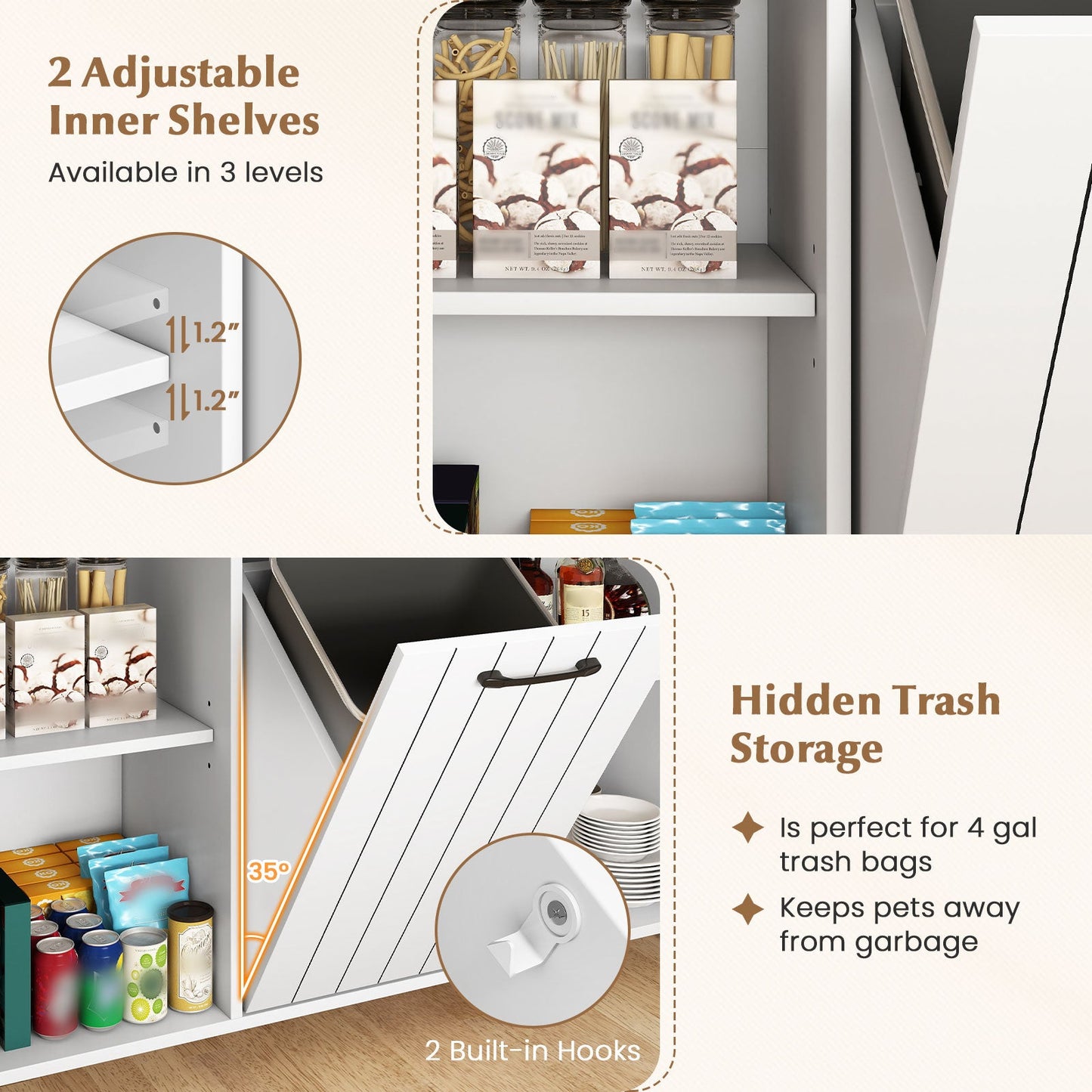 Mobile Kitchen Island Table with Trash Bag Storage for Dining Room