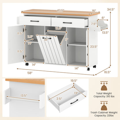 Mobile Kitchen Island Table with Trash Bag Storage for Dining Room