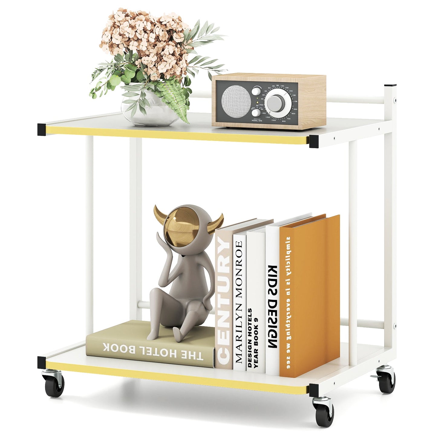 Mobile Side Table 2-Tier Rolling End Table with Open Shelves & Golden Trimmed Edges-White