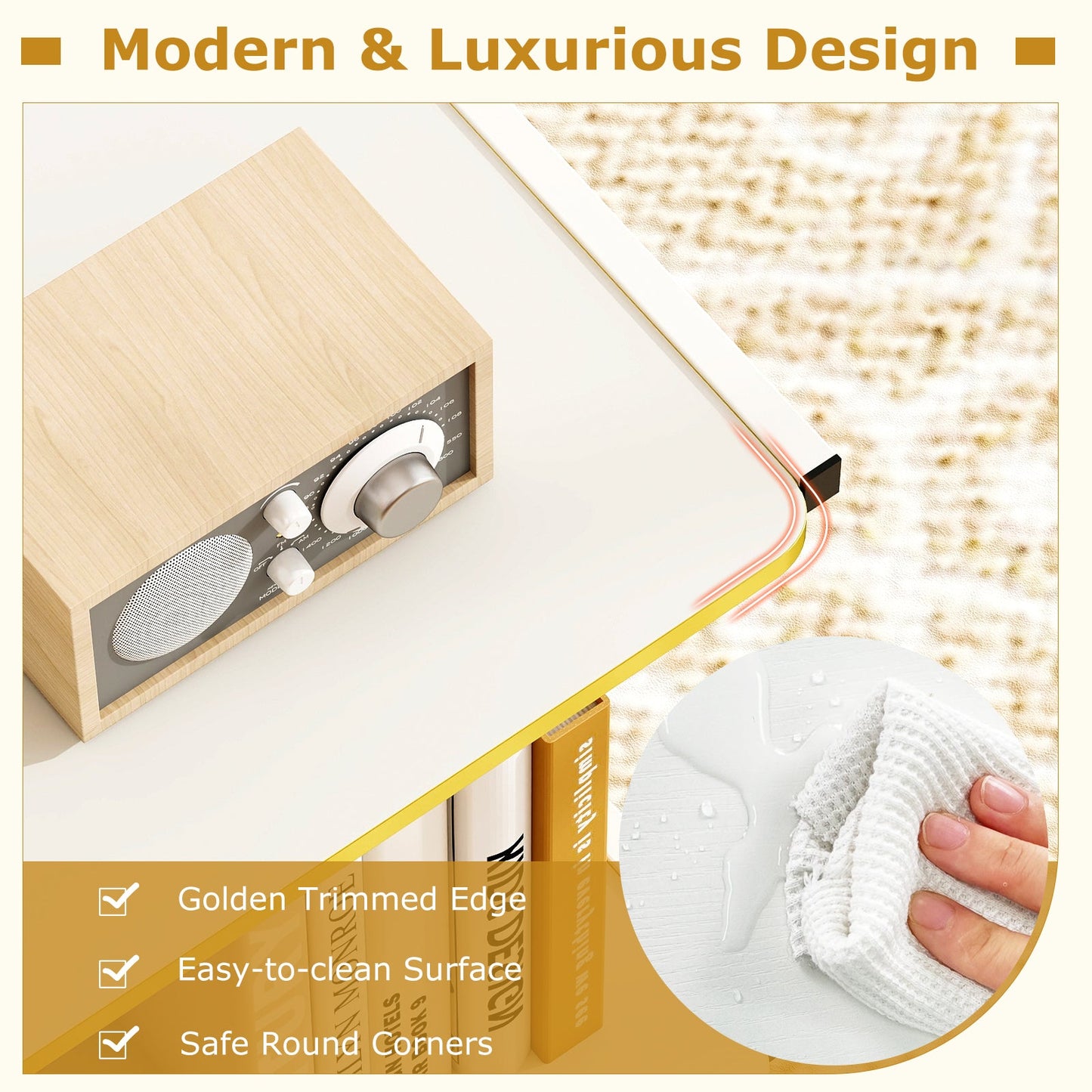 Mobile Side Table 2-Tier Rolling End Table with Open Shelves & Golden Trimmed Edges-White