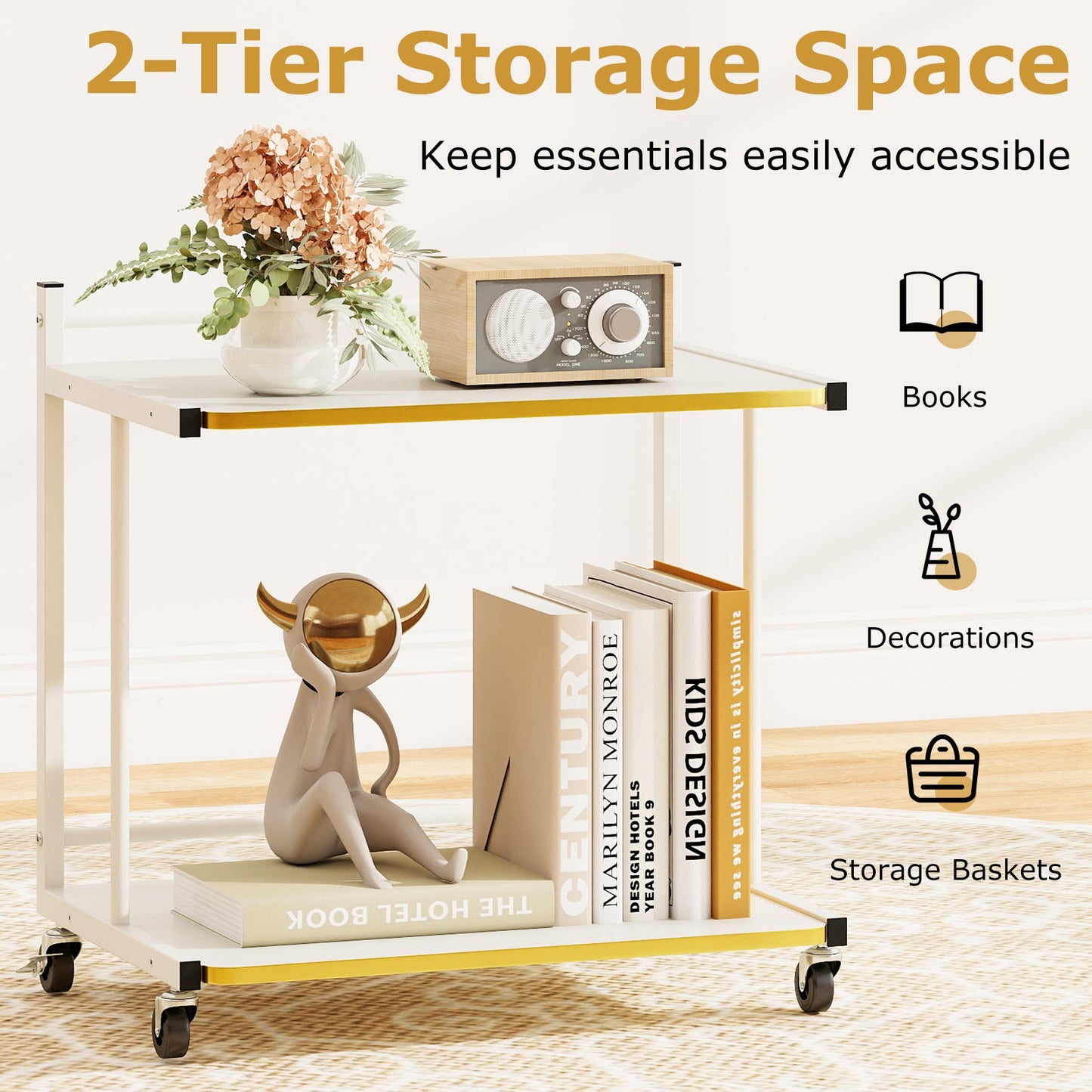 Mobile Side Table 2-Tier Rolling End Table with Open Shelves & Golden Trimmed Edges-White