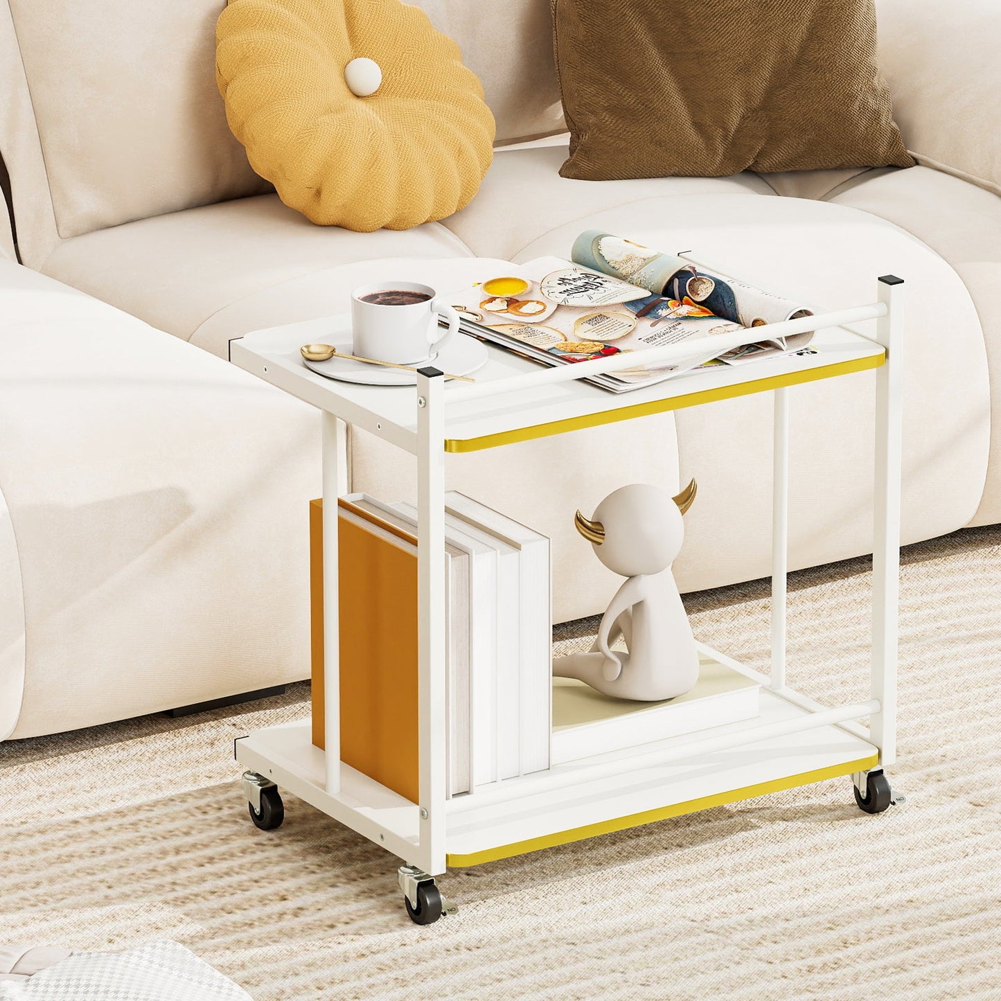Mobile Side Table 2-Tier Rolling End Table with Open Shelves & Golden Trimmed Edges-White