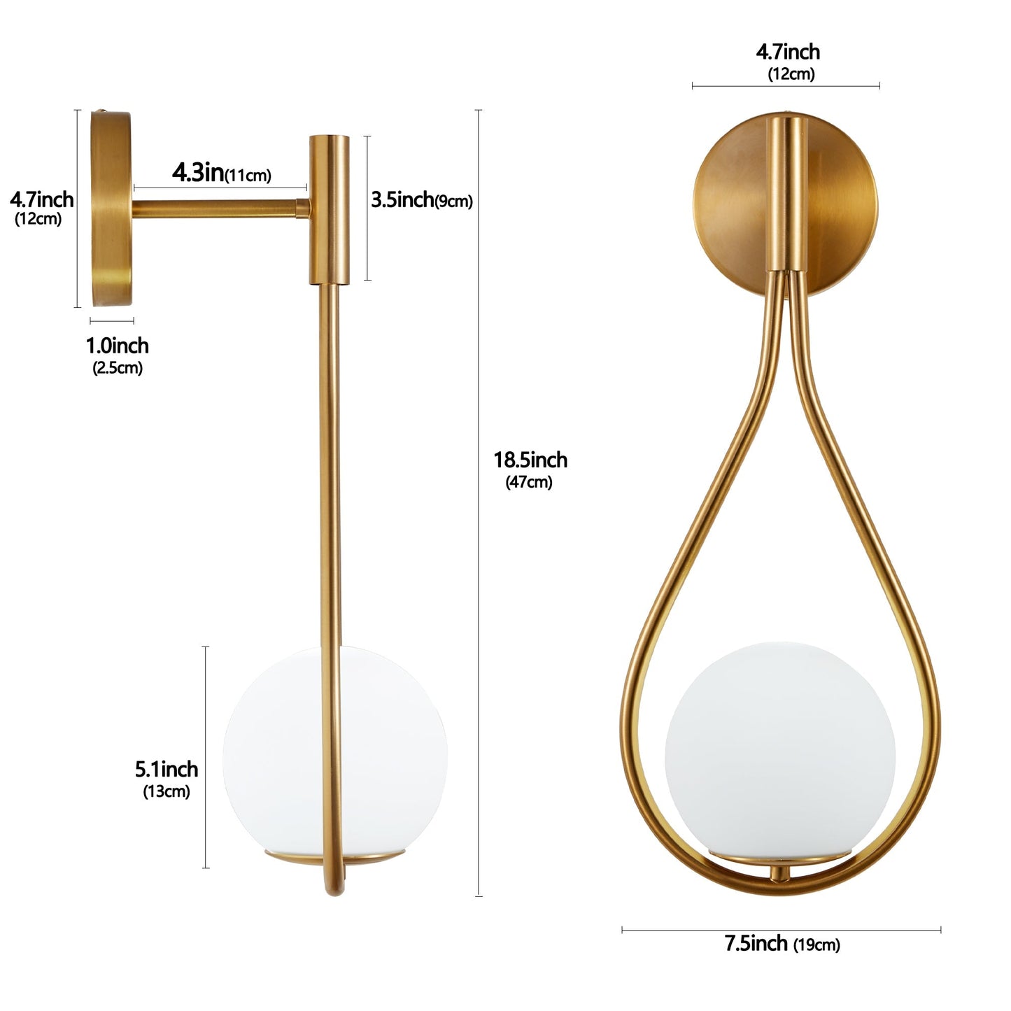 19" Set of 2 Modern Gold Wall Sconces with Opal Glass Globe, Mid-Century Design, Luxury Wall Lights