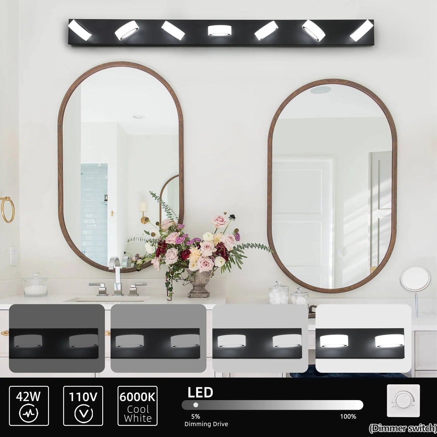 LED Vanity Light Fixture | 3/4/5/6/7-Light Dimmable Bathroom Wall Sconce with Acrylic Shade — Matte Black, 6000K, 42W