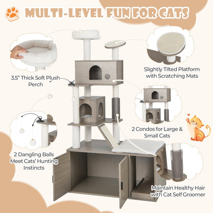 Cat Tree with Litter Box Enclosure for Indoor Cars-Gray