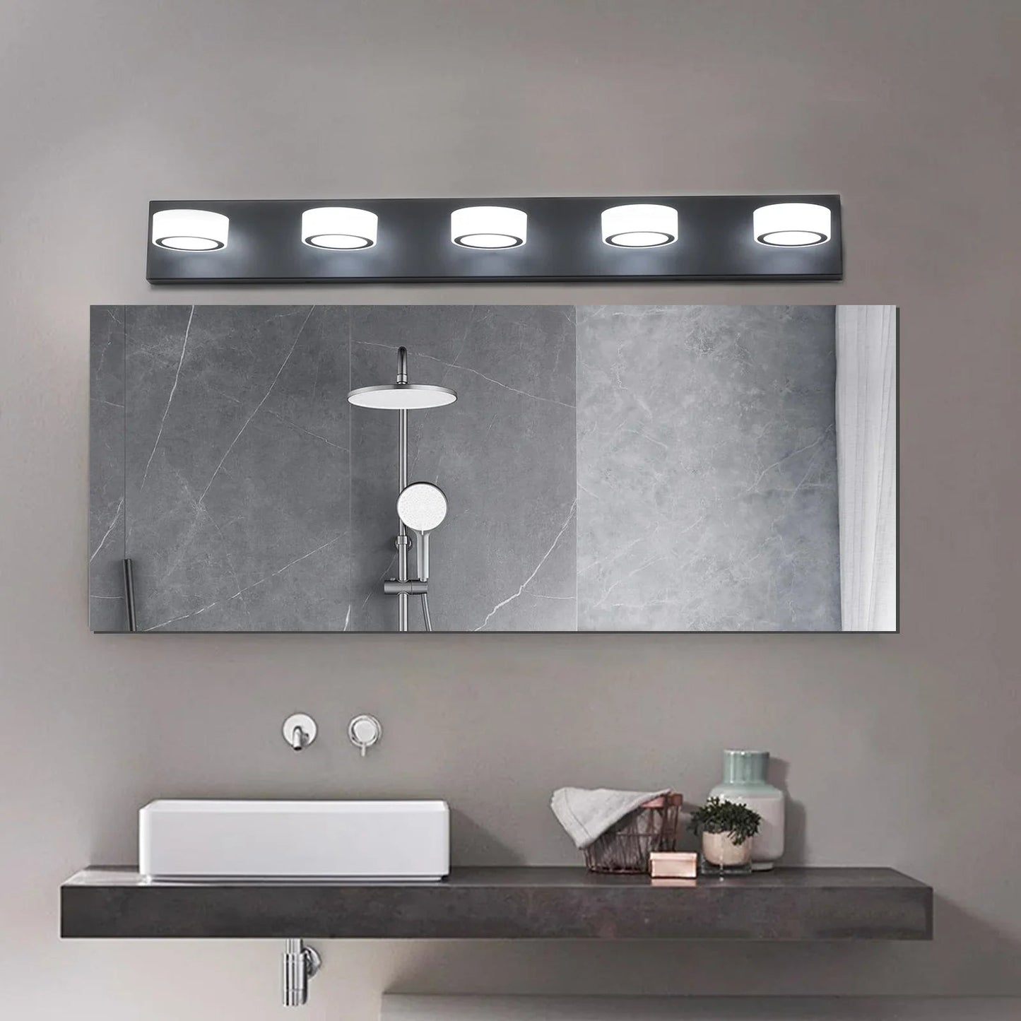 LED Vanity Light Fixture | 3/4/5/6/7-Light Dimmable Bathroom Wall Sconce with Acrylic Shade — Matte Black, 6000K, 42W