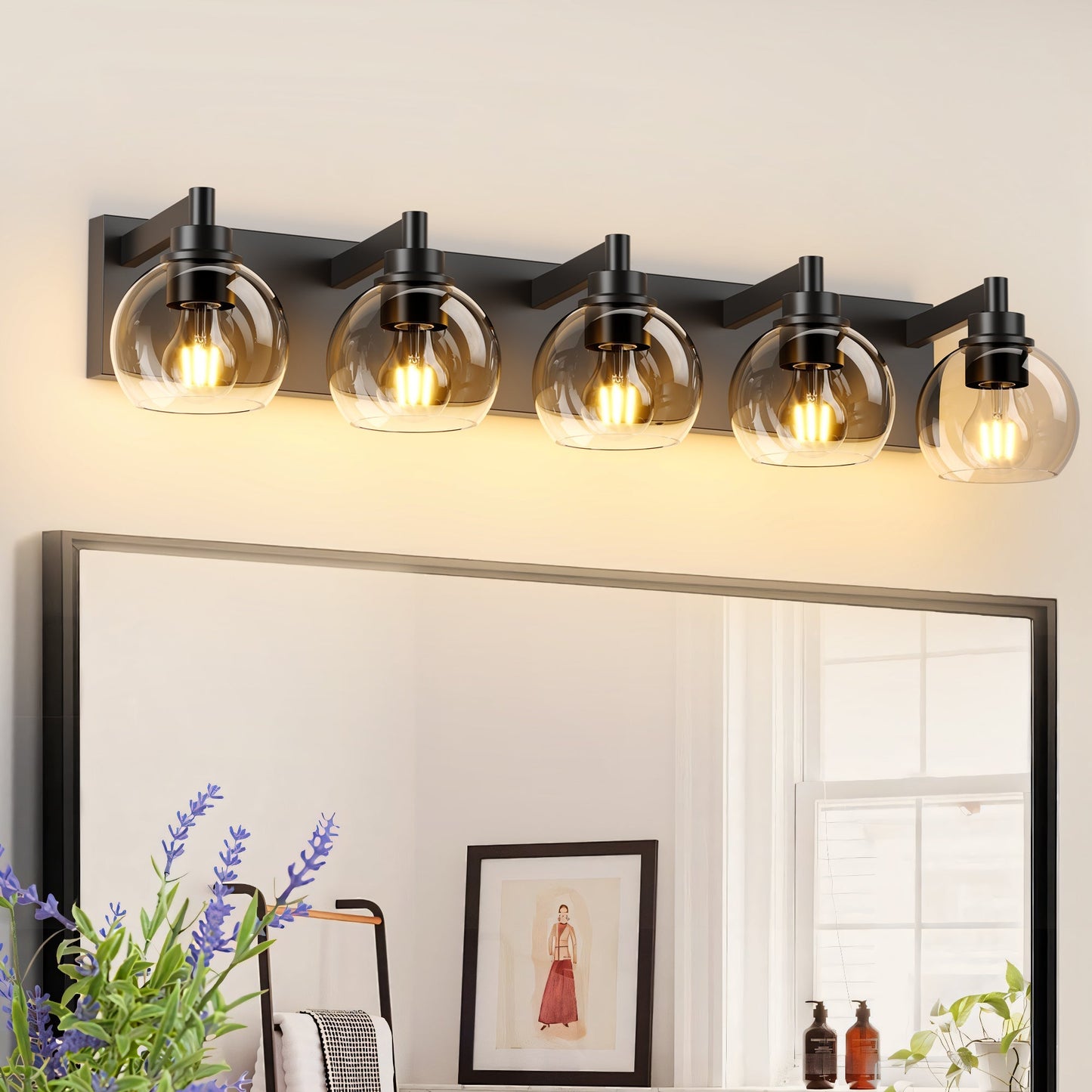 Matte Black Vanity Light | 3/4/5/6-Light Bathroom Wall Sconce with Clear Glass Shades & E26 Socket — Water-Resistant, Up or Down Mount