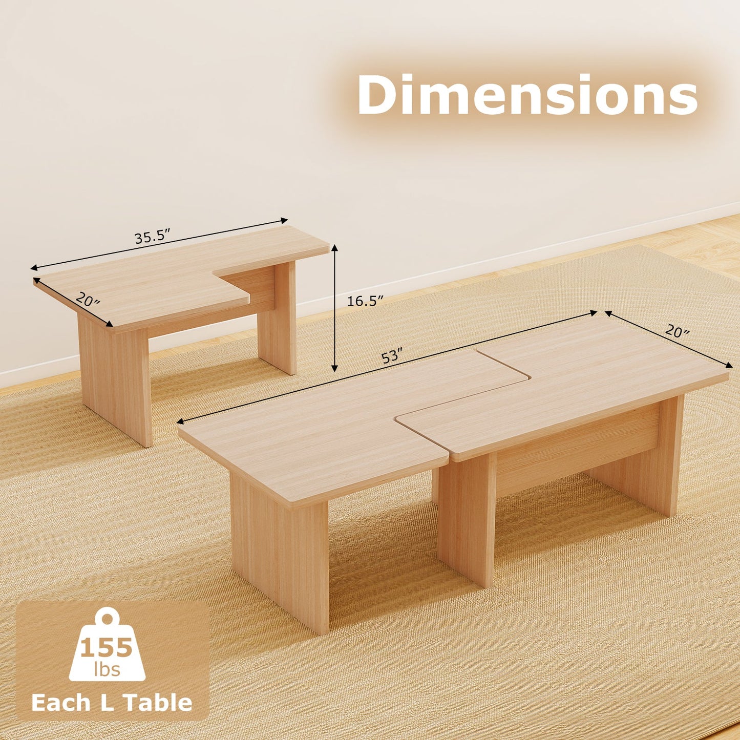 Modular Coffee Table Set of 2 L Shaped Center Tables for Small Space