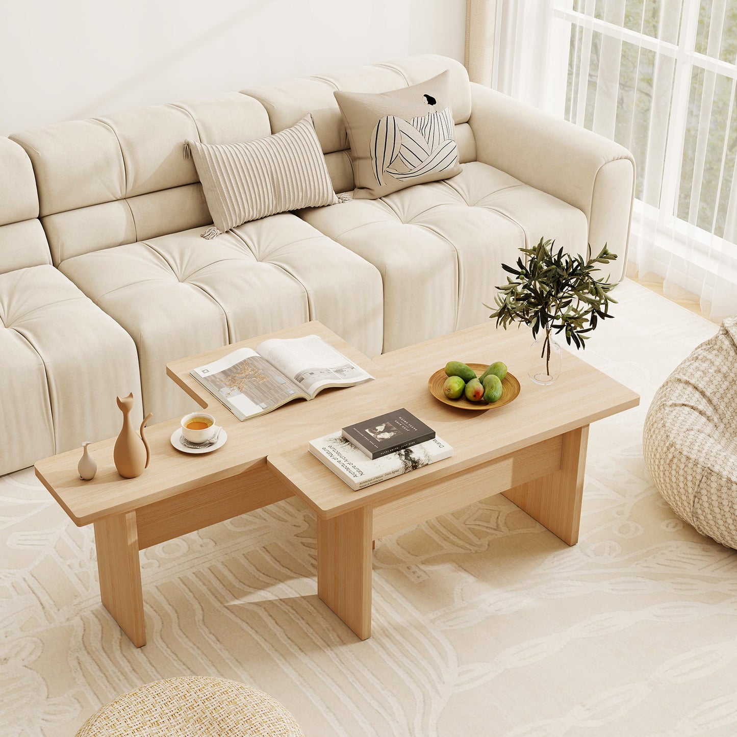Modular Coffee Table Set of 2 L Shaped Center Tables for Small Space
