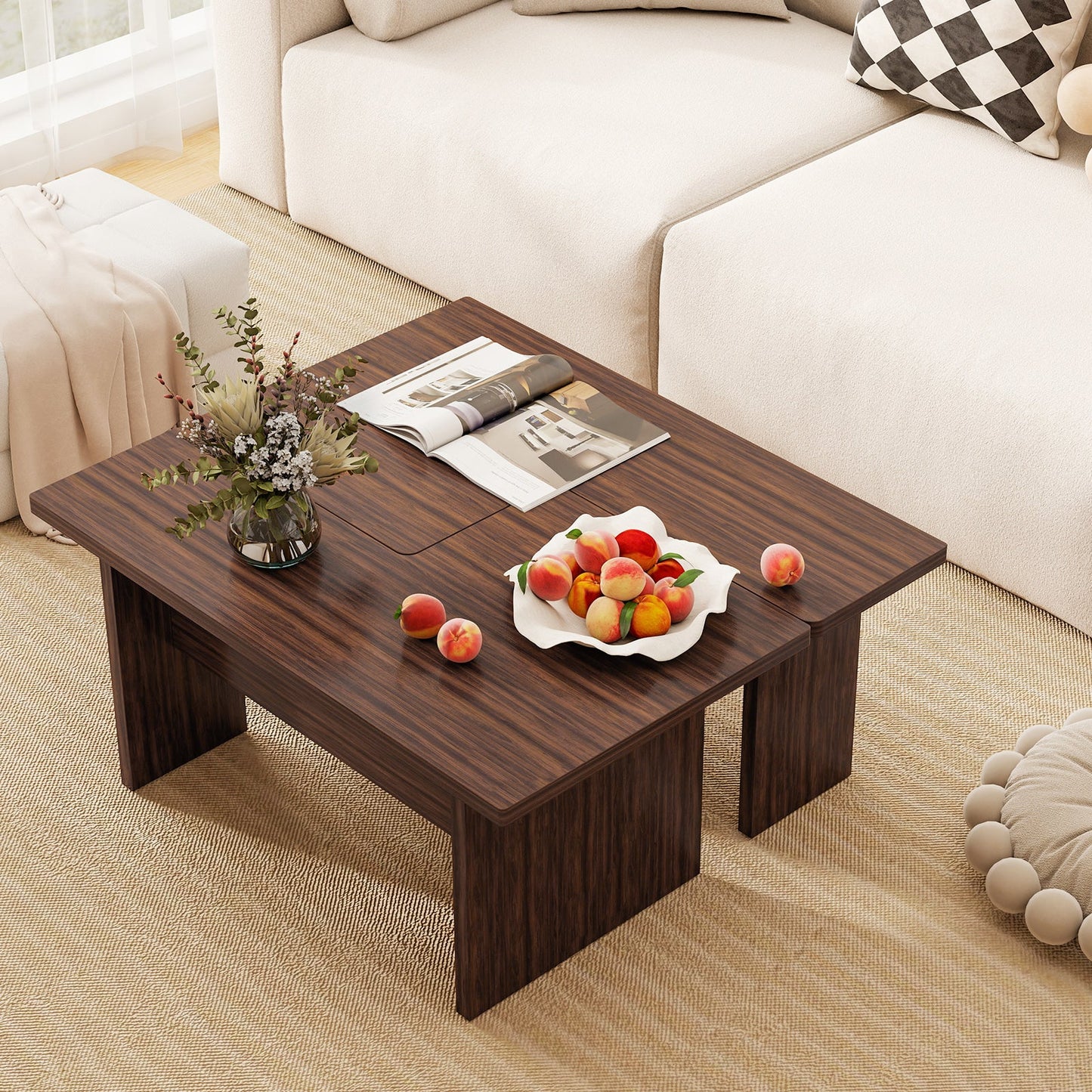 Modular Coffee Table Set of 2 L Shaped Center Tables for Small Space