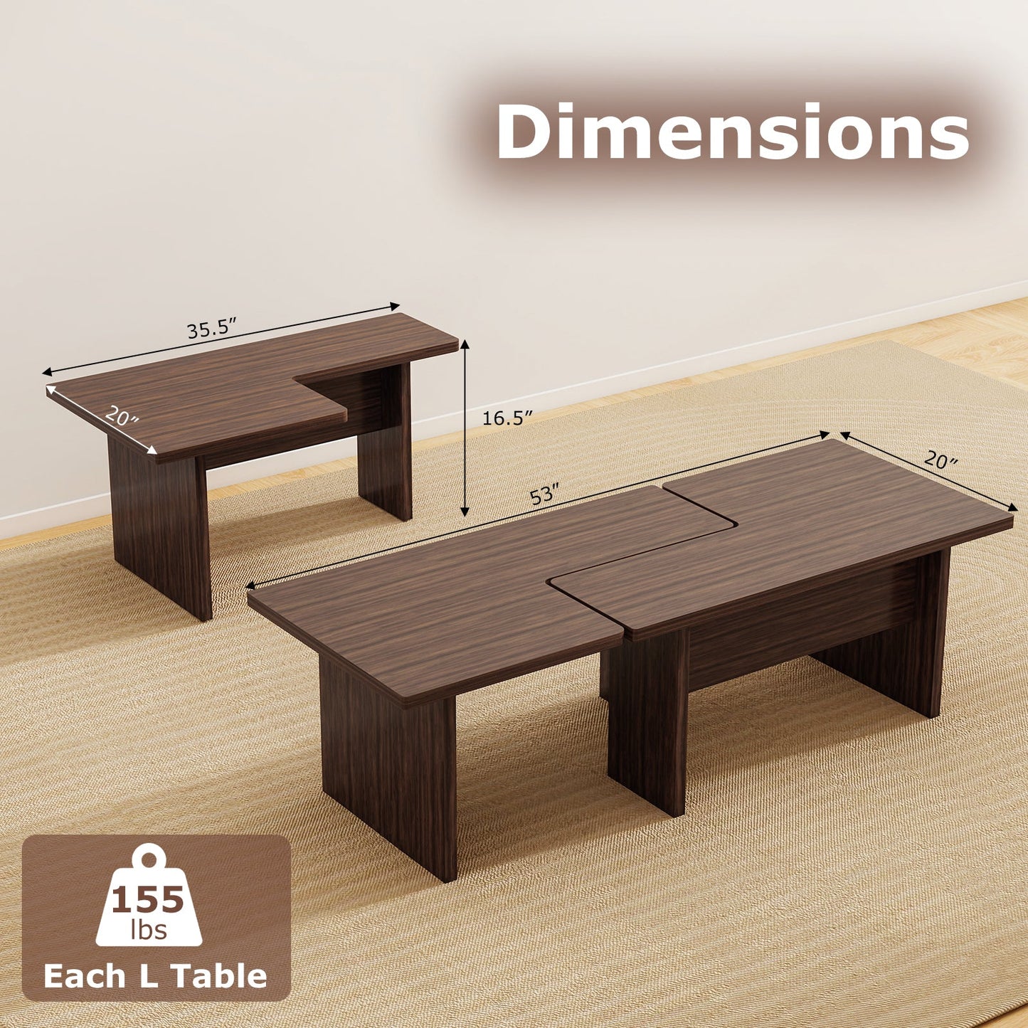 Modular Coffee Table Set of 2 L Shaped Center Tables for Small Space