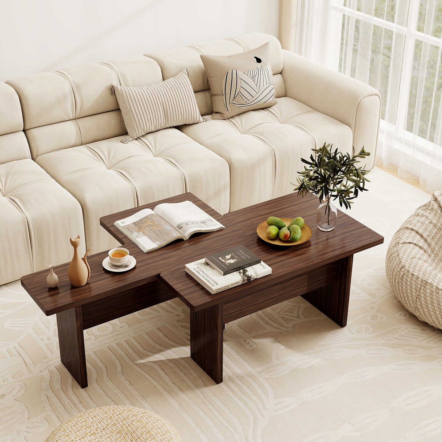 Modular Coffee Table Set of 2 L Shaped Center Tables for Small Space
